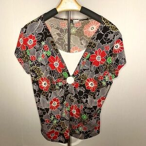 KC Stevens Women’s Floral Print Blouse With White Sewn In Bodice